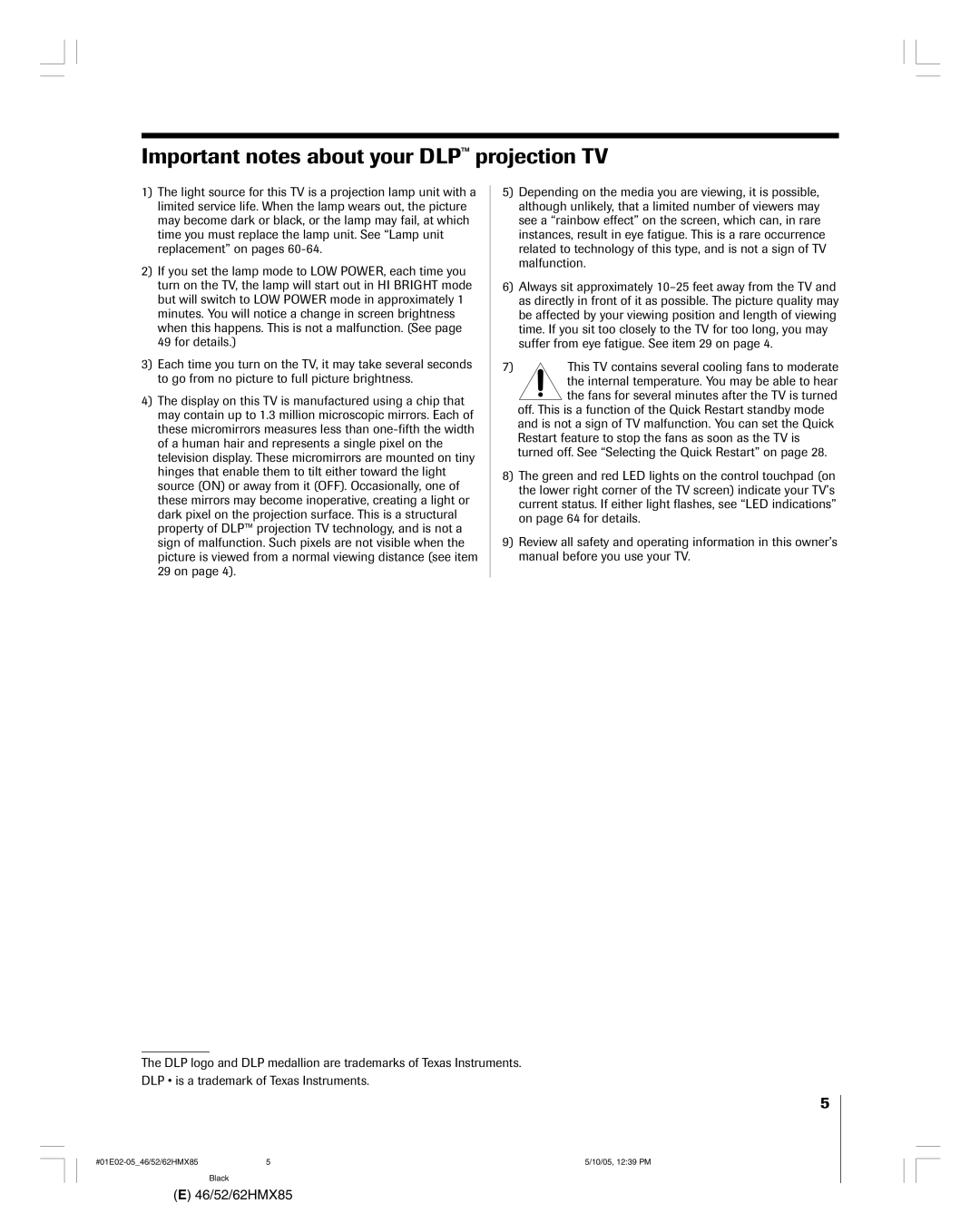 Toshiba 46HMX85, 62HMX85, 52HMX85 owner manual Important notes about your DLPª projection TV 