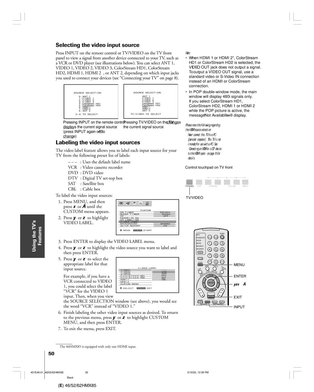 Toshiba 46HMX85 Press Enter to display the Video Label menu, Press y or z to highlight the video source you want to 