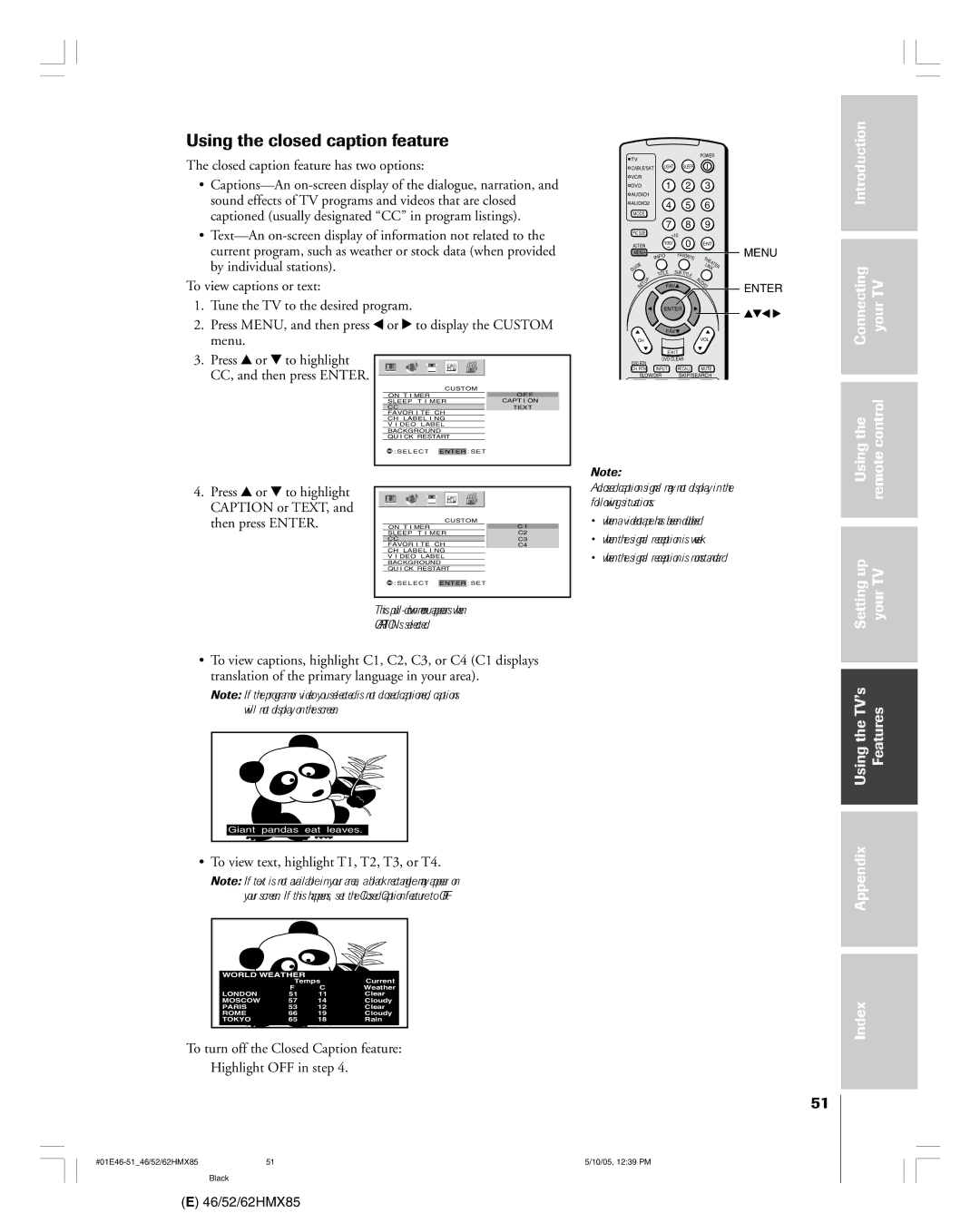 Toshiba 62HMX85, 52HMX85, 46HMX85 owner manual Using the closed caption feature, Closed caption feature has two options 