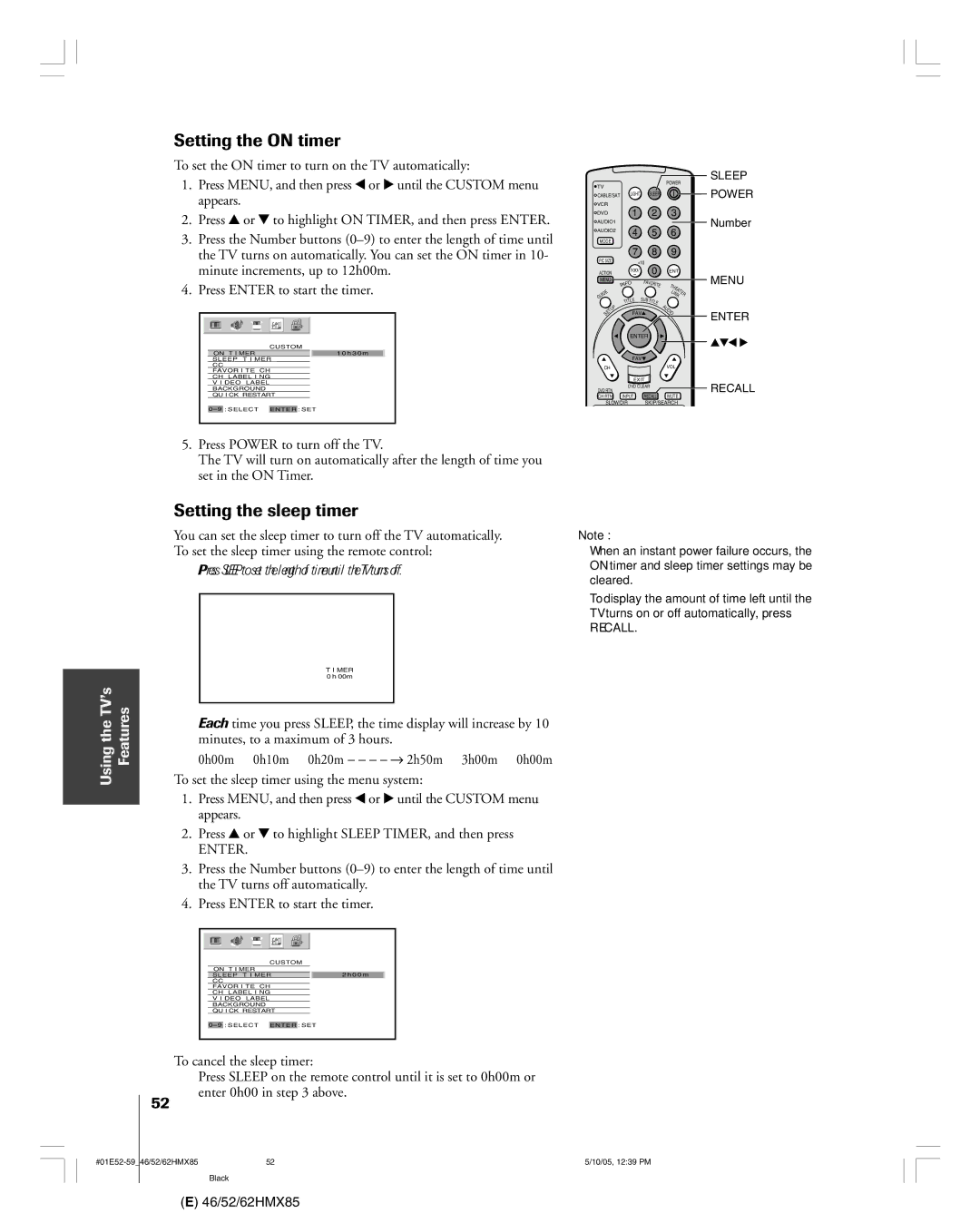 Toshiba 52HMX85, 62HMX85, 46HMX85 owner manual Setting the on timer, Setting the sleep timer 