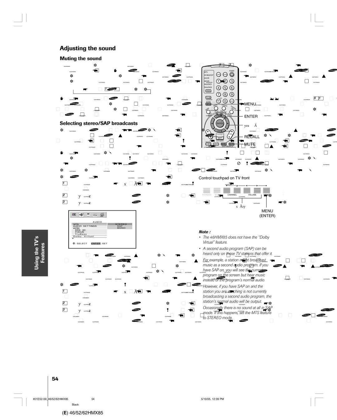 Toshiba 62HMX85 Adjusting the sound, Muting the sound, Selecting stereo/SAP broadcasts, → Normal → 1/2 Mute → Mute 