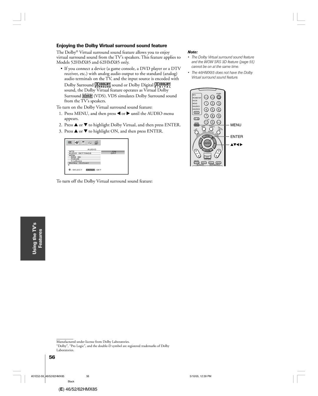 Toshiba 46HMX85 Enjoying the Dolby Virtual surround sound feature, To turn off the Dolby Virtual surround sound feature 