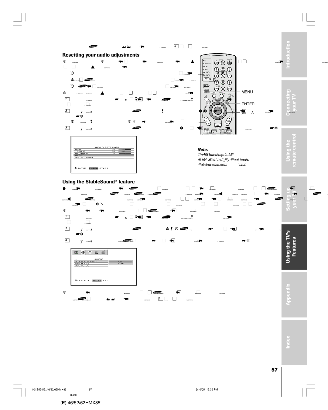 Toshiba 62HMX85, 52HMX85, 46HMX85 Resetting your audio adjustments, Using the StableSound¨ feature, Highlight OFF in above 