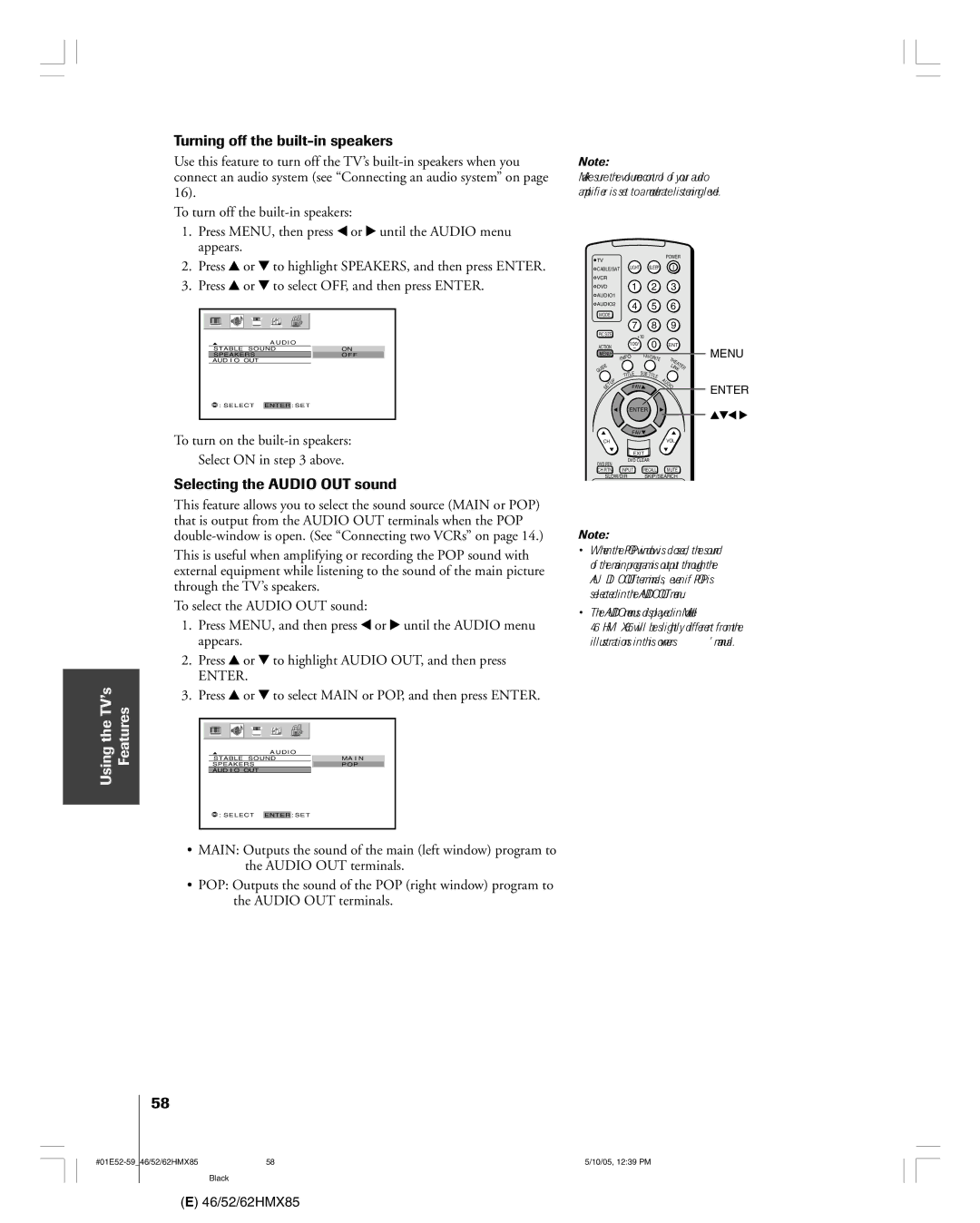 Toshiba 52HMX85, 62HMX85, 46HMX85 owner manual Turning off the built-in speakers, Selecting the Audio OUT sound 