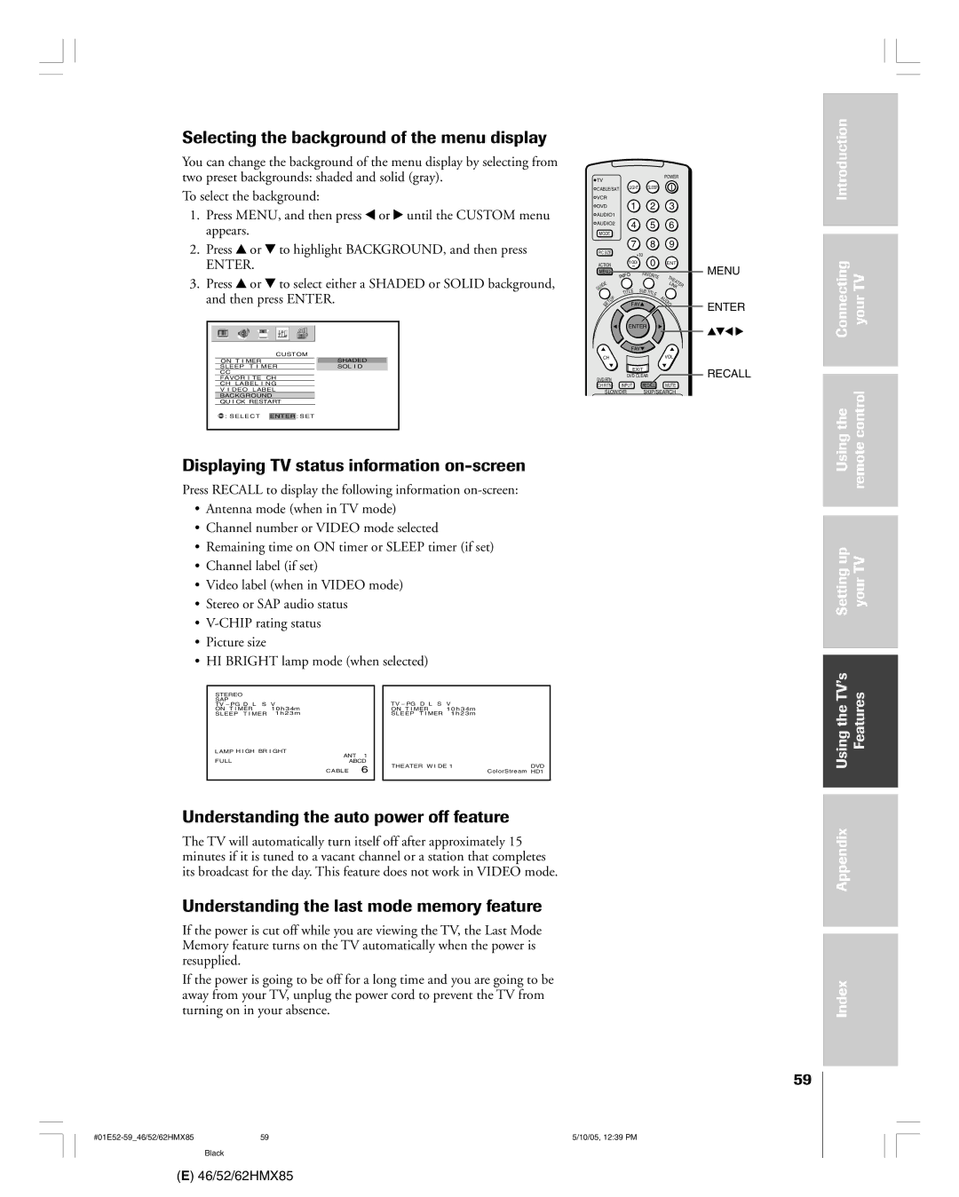 Toshiba 46HMX85, 62HMX85, 52HMX85 Selecting the background of the menu display, Displaying TV status information on-screen 