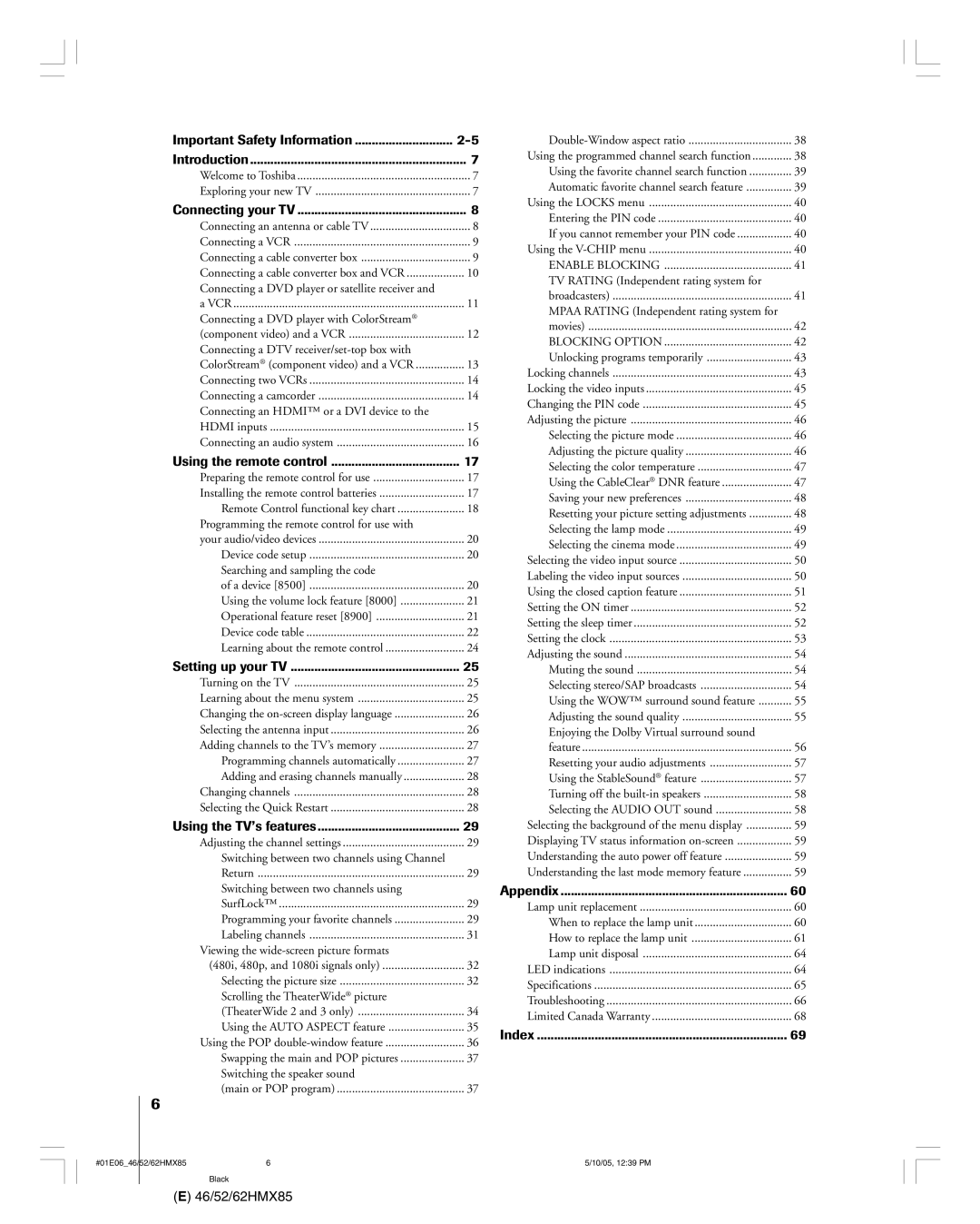 Toshiba 62HMX85, 52HMX85, 46HMX85 owner manual Important Safety Information Introduction 