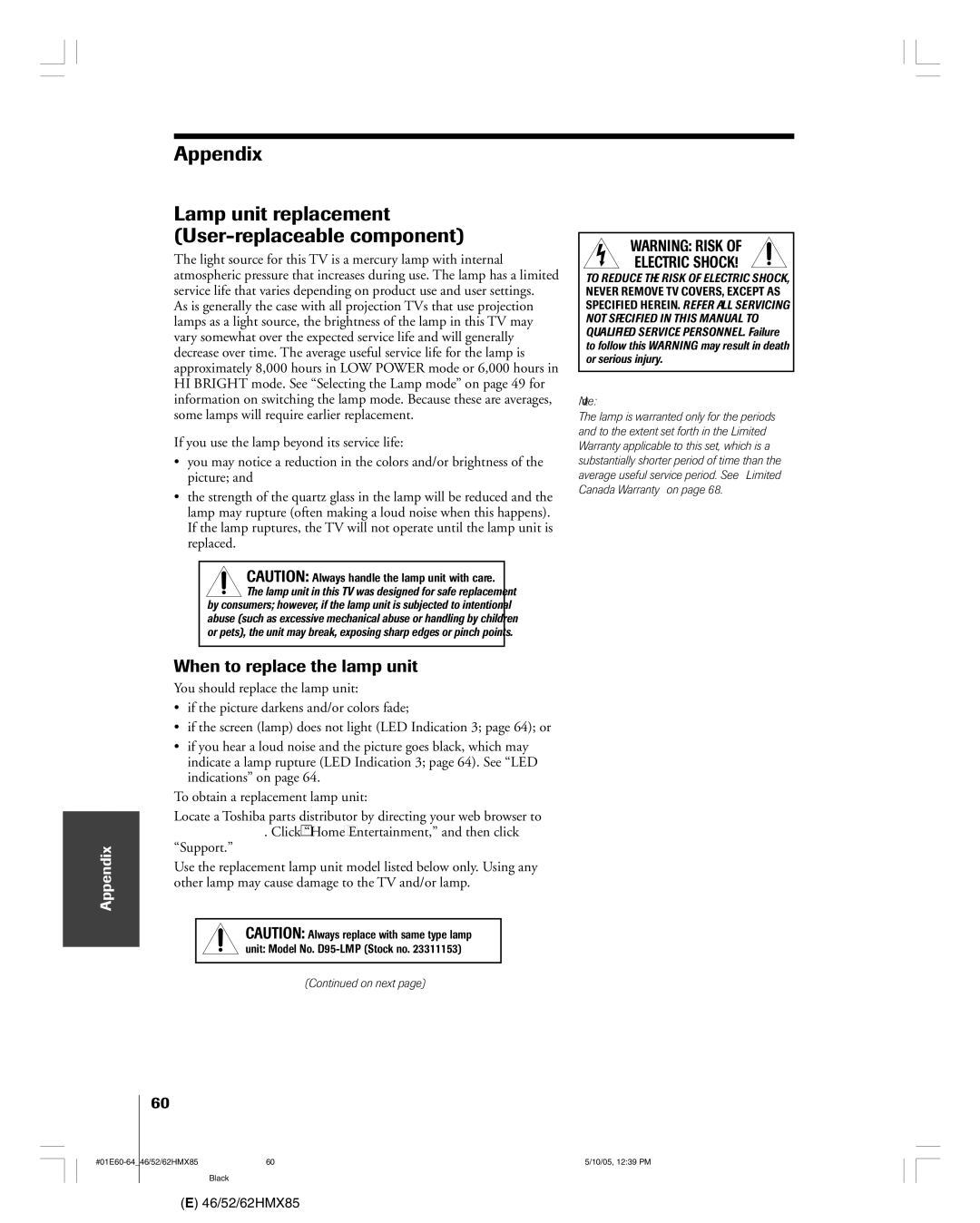 Toshiba 62HMX85, 52HMX85, 46HMX85 Appendix Lamp unit replacement User-replaceable component, When to replace the lamp unit 
