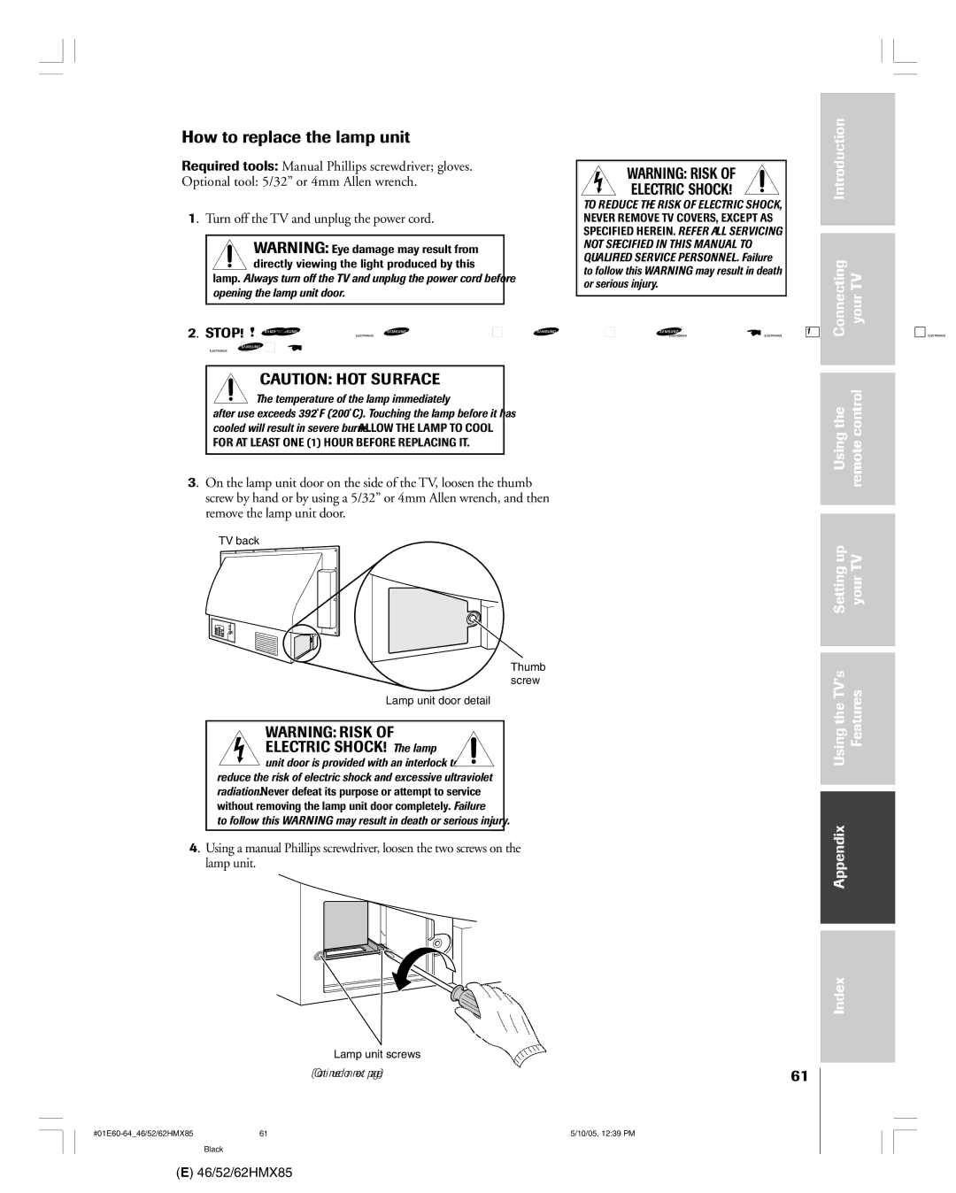 Toshiba 52HMX85, 62HMX85, 46HMX85 How to replace the lamp unit, Using the remote control Setting up your TV Features 