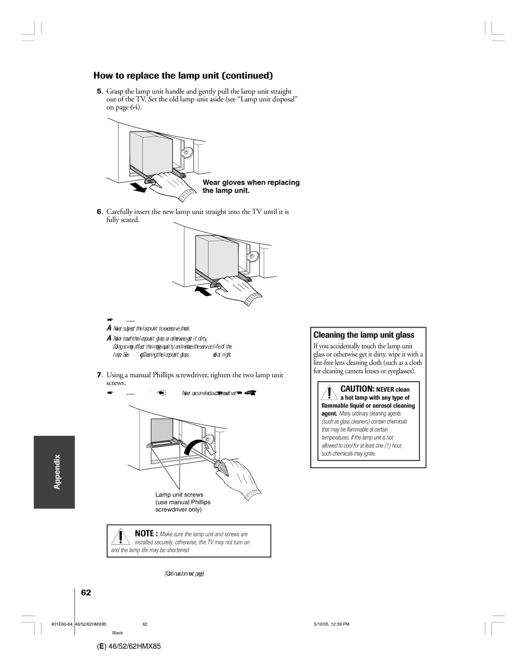 Toshiba 46HMX85, 62HMX85, 52HMX85 owner manual Cleaning the lamp unit glass 