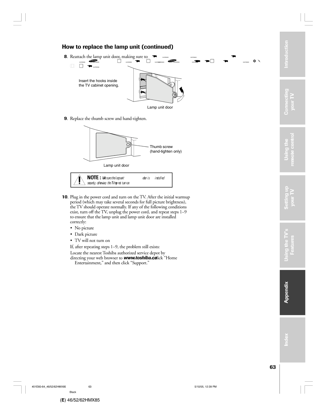 Toshiba 62HMX85, 52HMX85, 46HMX85 owner manual Replace the thumb screw and hand-tighten 