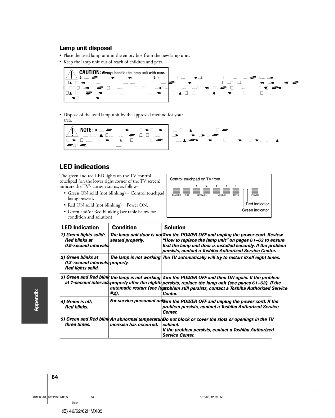 Toshiba 52HMX85, 62HMX85, 46HMX85 owner manual LED indications, Lamp unit disposal 