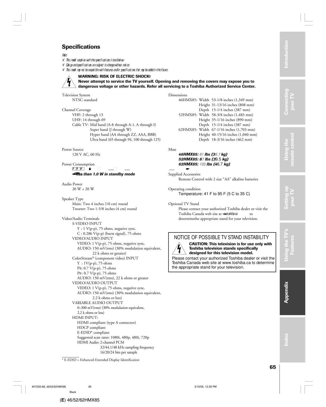 Toshiba 46HMX85, 62HMX85, 52HMX85 owner manual Specifications, VIDEO/AUDIO Input 