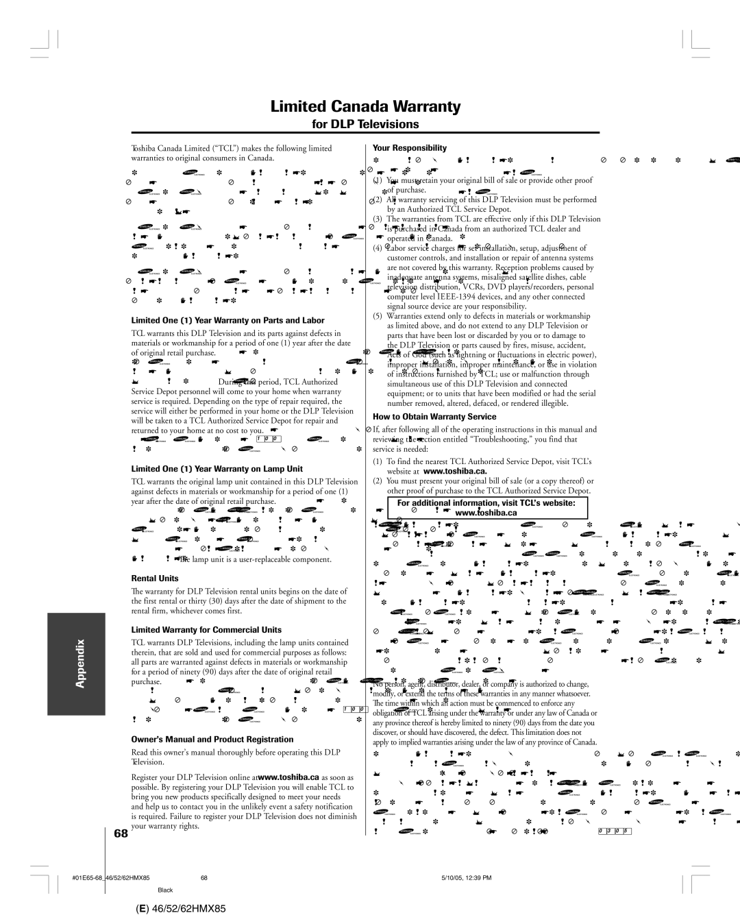 Toshiba 46HMX85, 62HMX85, 52HMX85 owner manual Limited Canada Warranty 