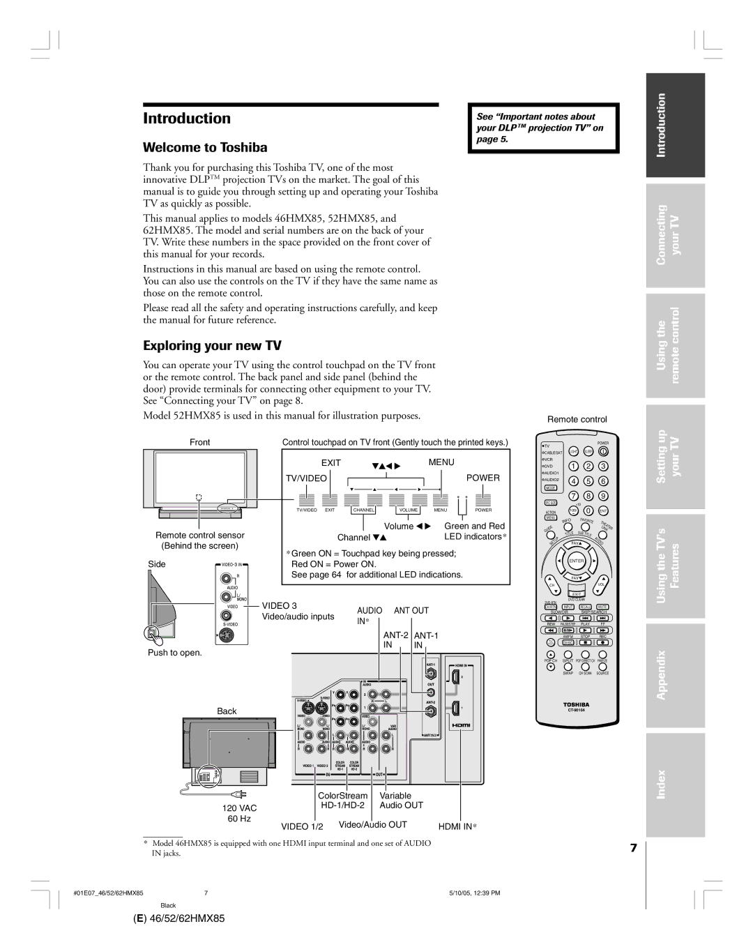 Toshiba 52HMX85, 62HMX85, 46HMX85 owner manual Introduction, Welcome to Toshiba, Exploring your new TV 