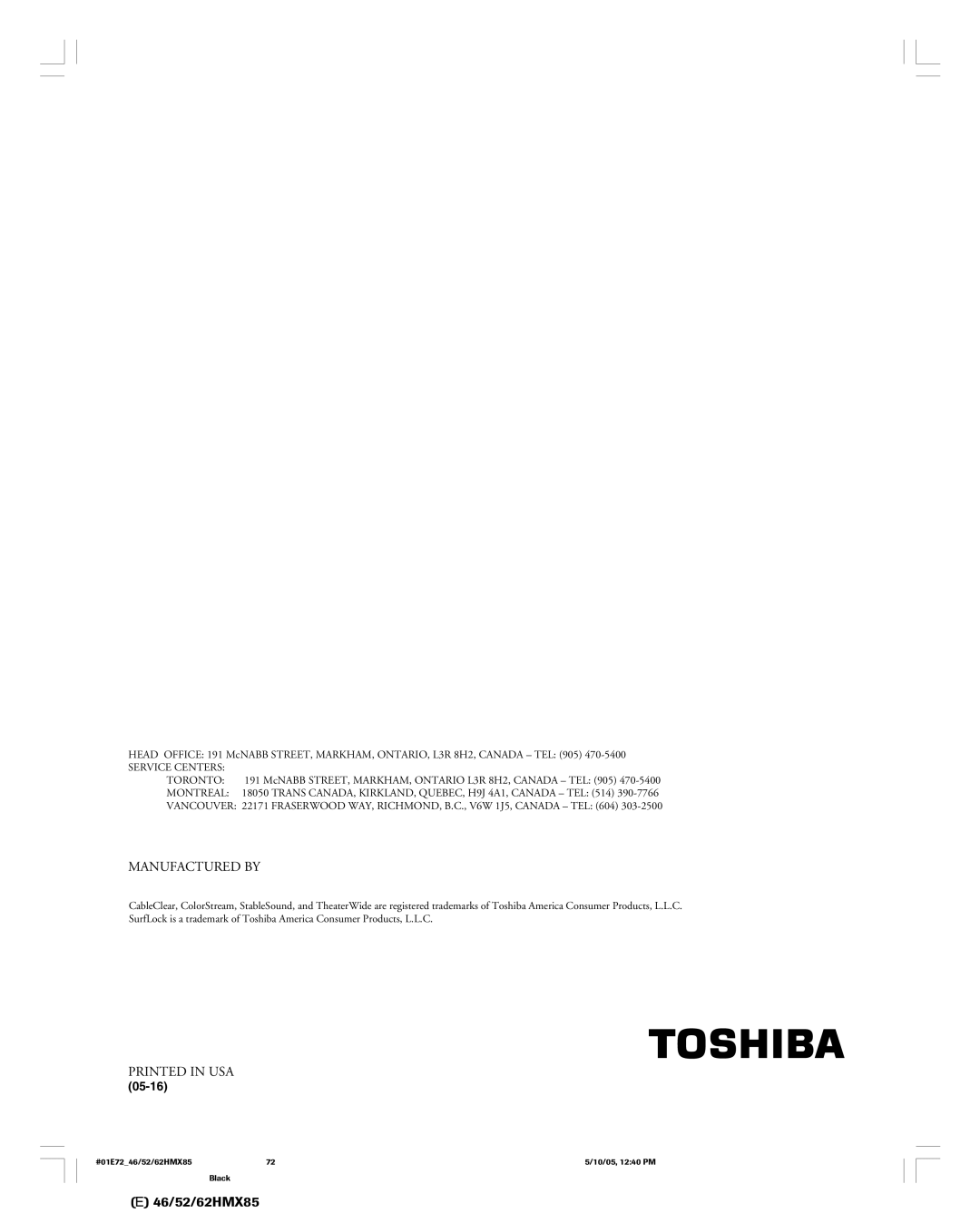 Toshiba 62HMX85, 52HMX85, 46HMX85 owner manual Manufactured by 