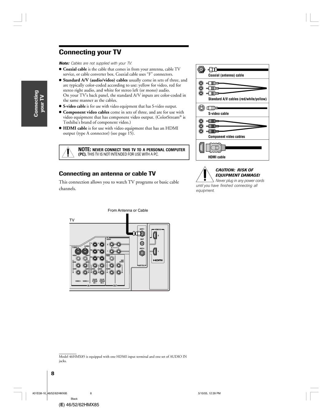 Toshiba 46HMX85, 62HMX85, 52HMX85 owner manual Connecting your TV, Connecting an antenna or cable TV 