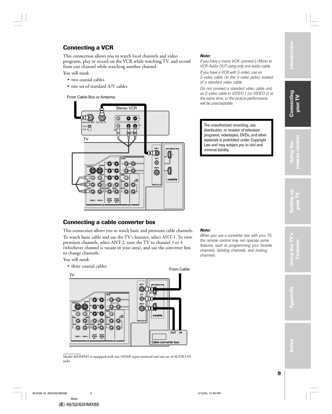 Toshiba 62HMX85, 52HMX85, 46HMX85 owner manual Connecting a VCR, Connecting a cable converter box 