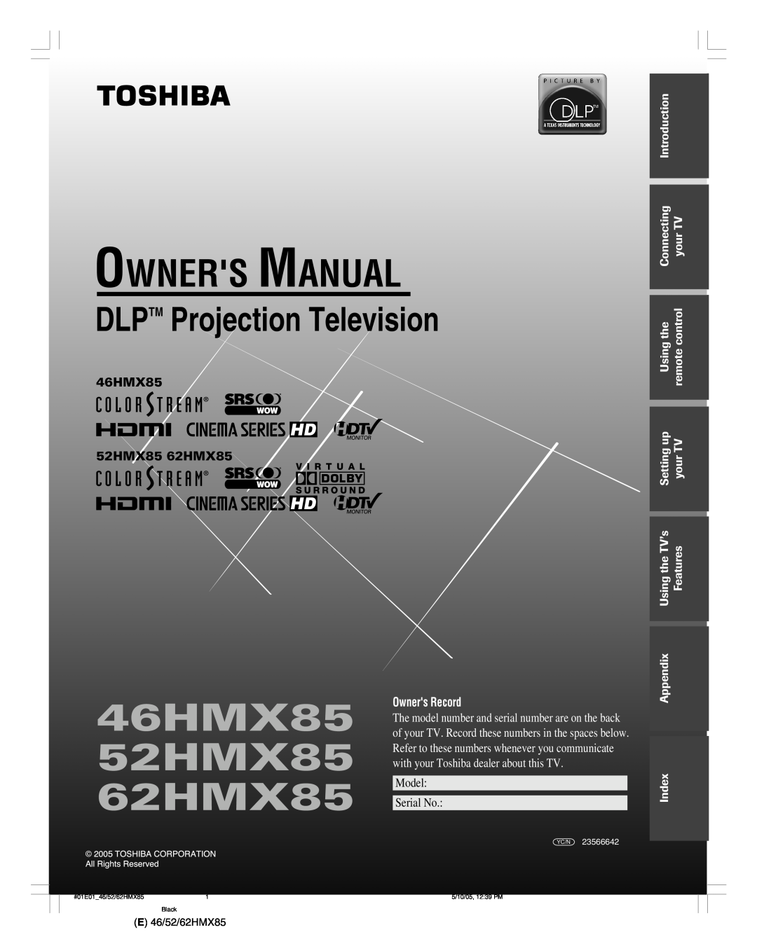 Toshiba owner manual 46HMX85 52HMX85 62HMX85, Introduction, Connecting, yourTV, Usingthe, remotecontrol, Settingup 