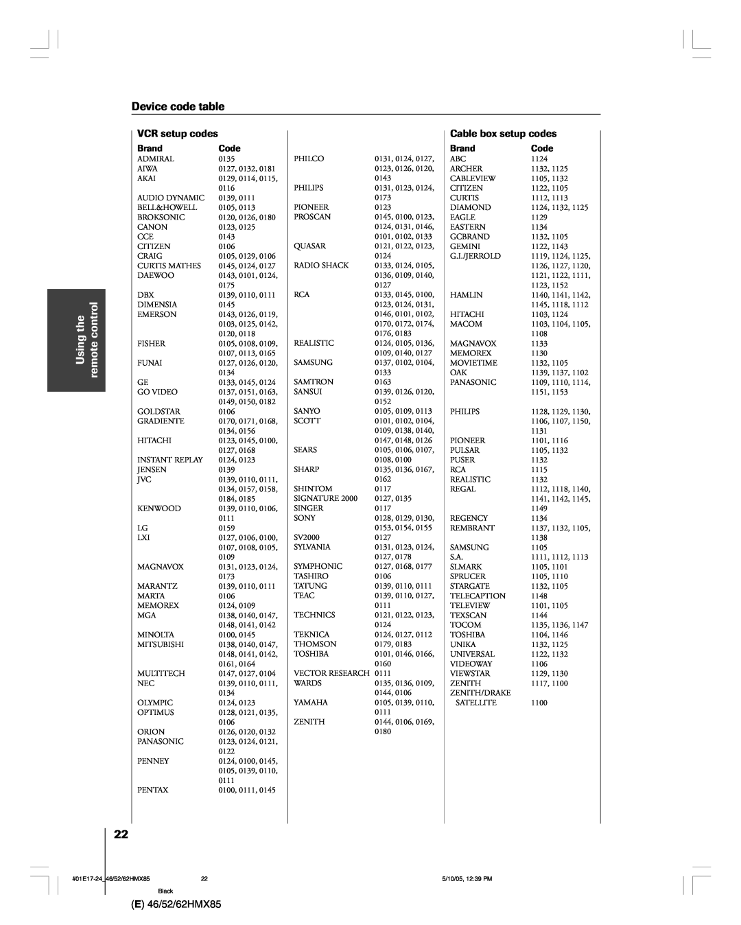 Toshiba 52HMX85 Device code table, Using the remote control, VCR setup codes, Cable box setup codes, E 46/52/62HMX85 