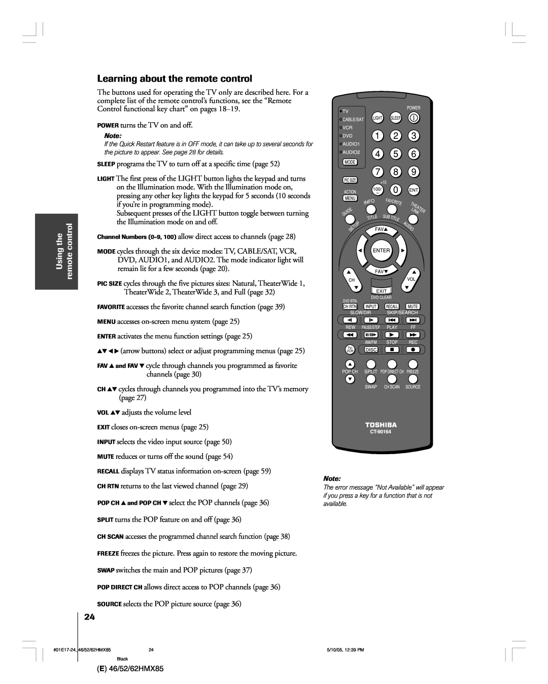 Toshiba 62HMX85, 52HMX85, 46HMX85 owner manual Learning about the remote control, Using the remote control 