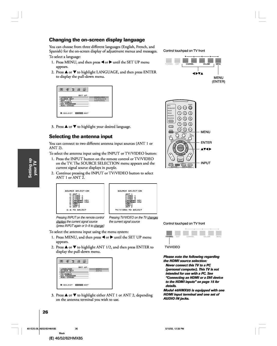 Toshiba 46HMX85, 62HMX85, 52HMX85 owner manual Changing the on-screen display language, Selecting the antenna input 