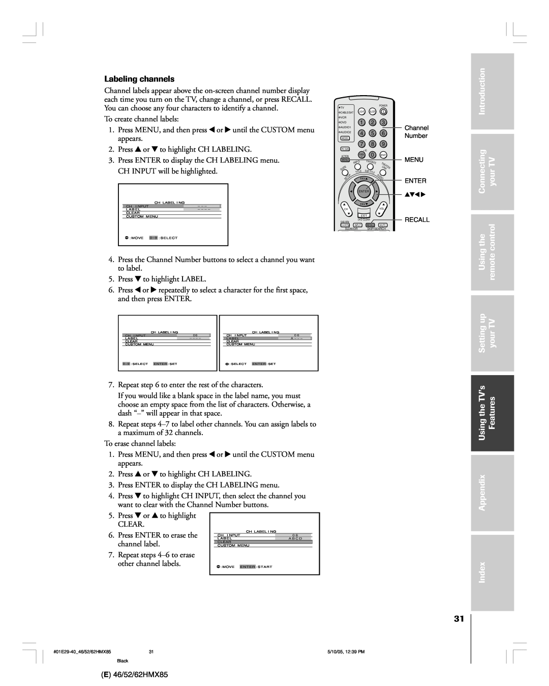 Toshiba 52HMX85 Introduction, Connecting, yourTV, remotecontrol, Settingup, UsingtheTVÕs, Features, Appendix, Index 