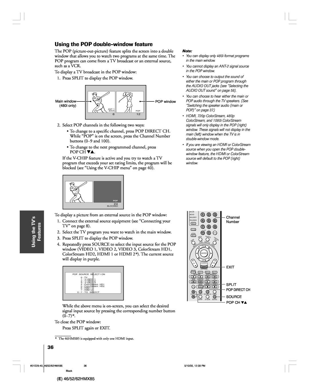 Toshiba 62HMX85, 52HMX85, 46HMX85 owner manual Using the POP double-window feature, Using the TVÕs Features 