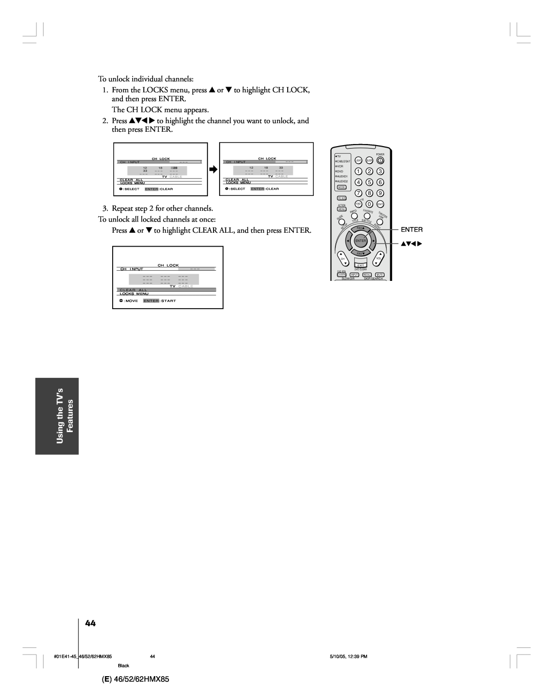 Toshiba 46HMX85, 62HMX85, 52HMX85 owner manual Features, Using the TVÕs 