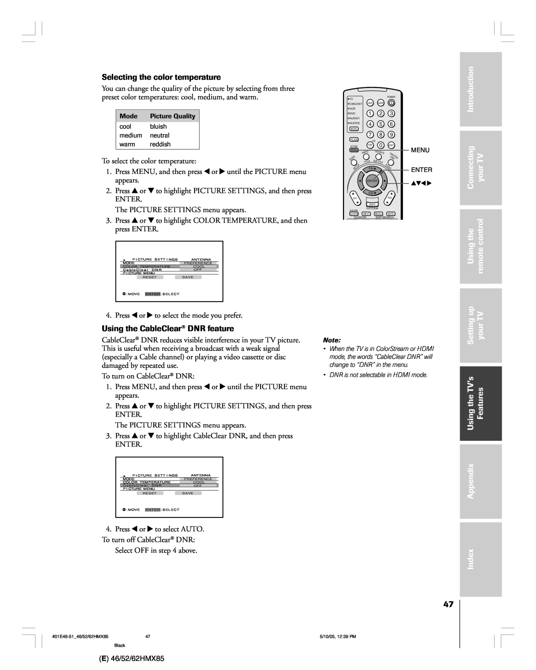 Toshiba 46HMX85 Introduction, Connecting, yourTV, remotecontrol, Setting, UsingtheTVÕs, Features, Appendix, Index 
