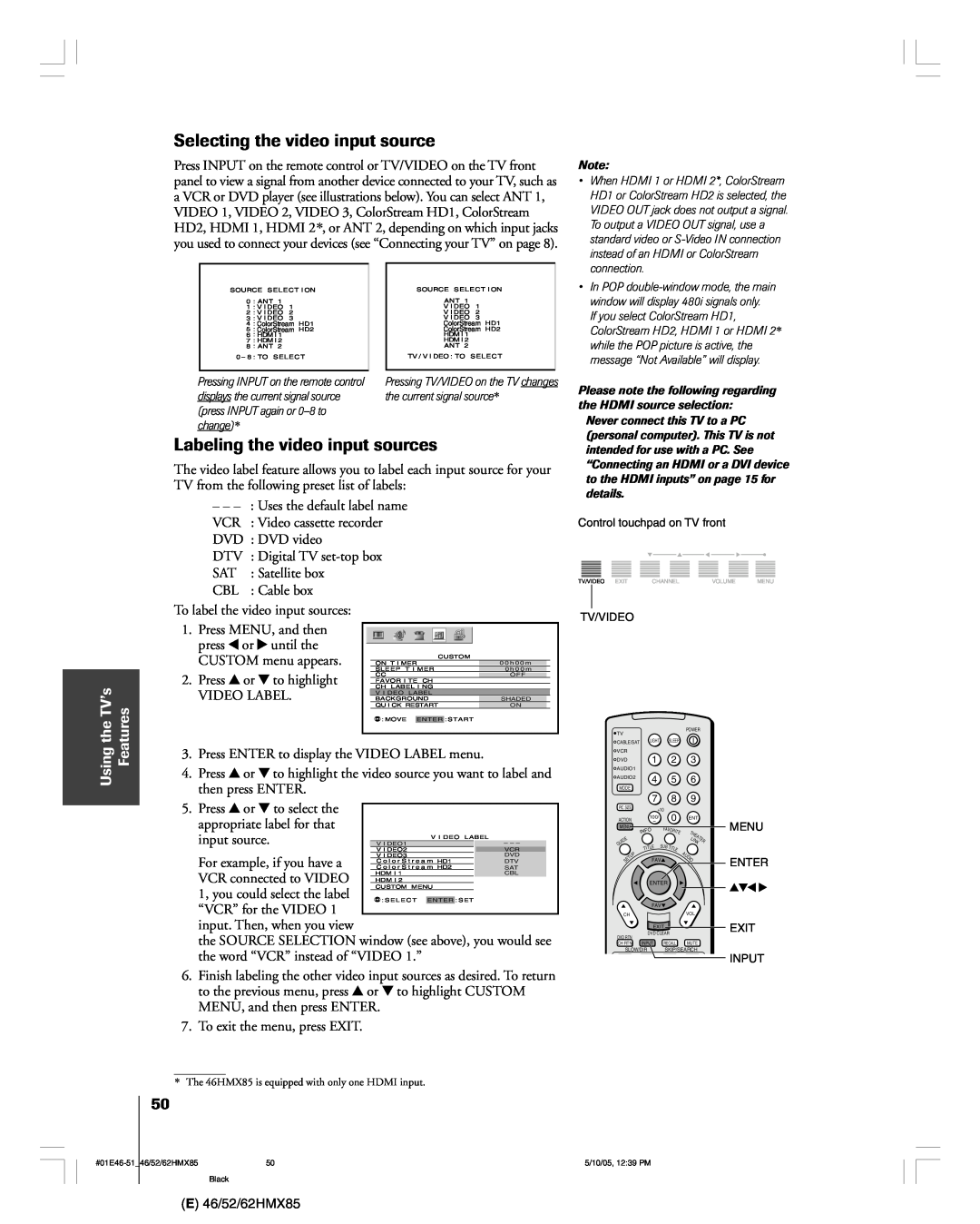 Toshiba 46HMX85, 62HMX85, 52HMX85 owner manual the SOURCE SELECTION window see above, you would see, UsingtheTVÕs Features 