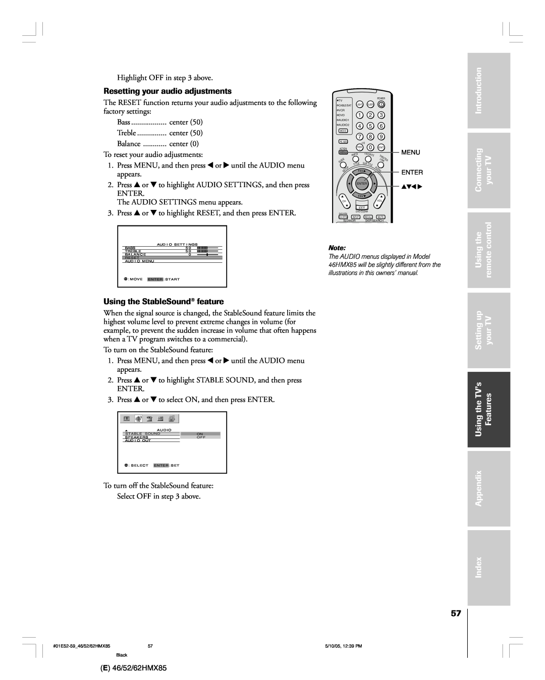 Toshiba 62HMX85 Introduction, Connecting, yourTV, remotecontrol, Settingup, UsingtheTVÕs, Features, Appendix, Index 