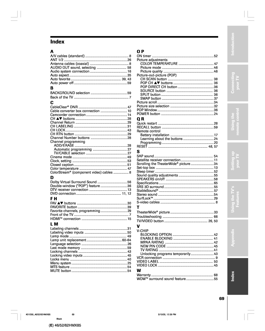 Toshiba 62HMX85, 52HMX85, 46HMX85 owner manual Index 