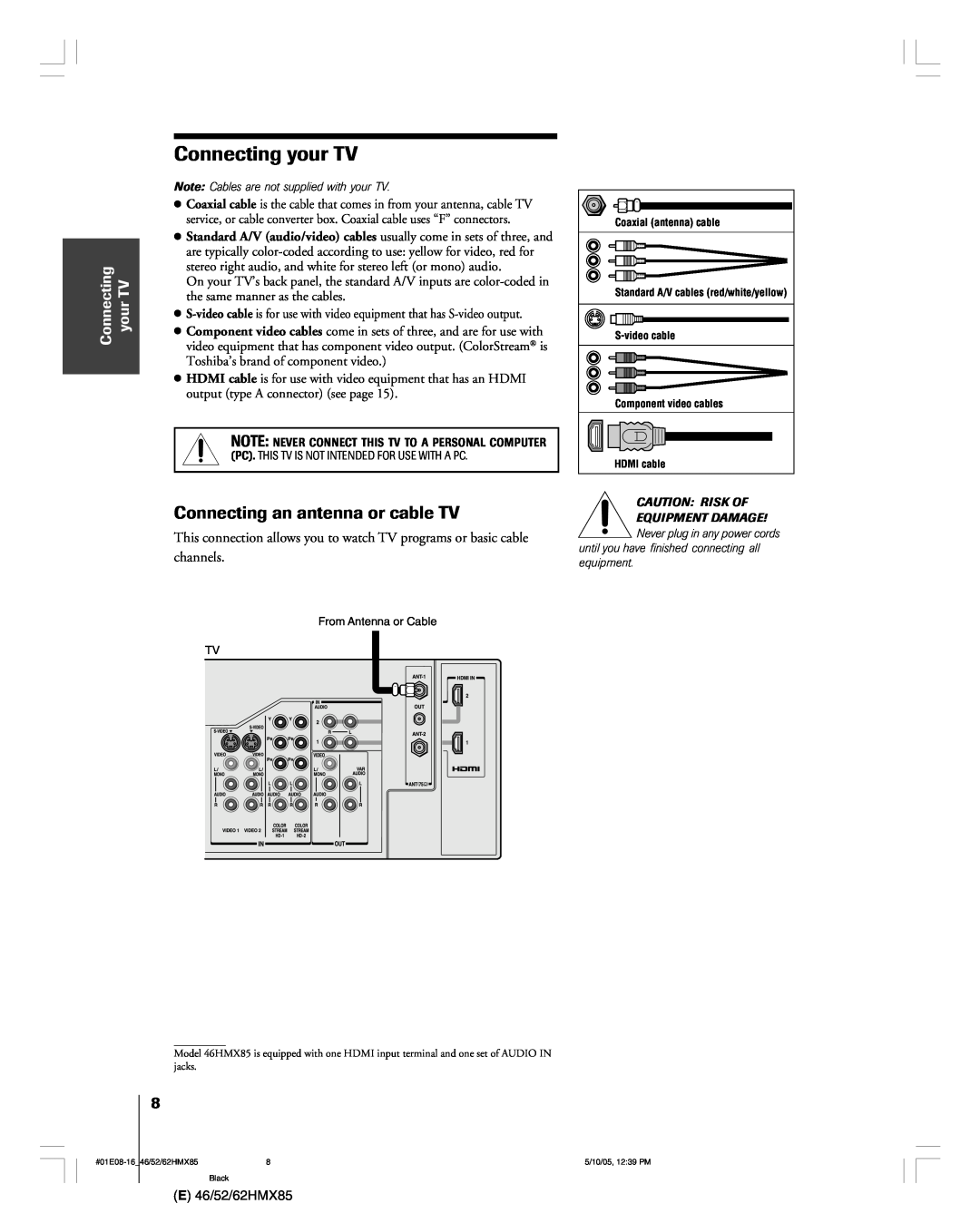 Toshiba 46HMX85, 62HMX85, 52HMX85 owner manual Connecting your TV, Connecting an antenna or cable TV 