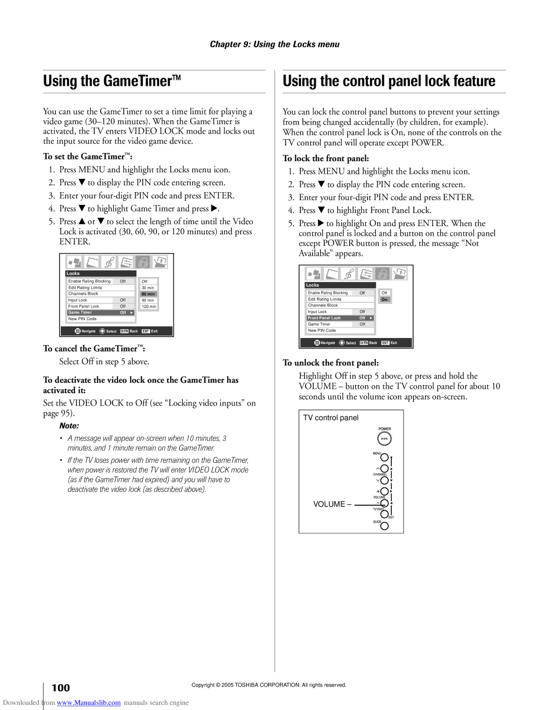 Toshiba 62MX195, 72MX195 owner manual Using the GameTimerª, Using the control panel lock feature 