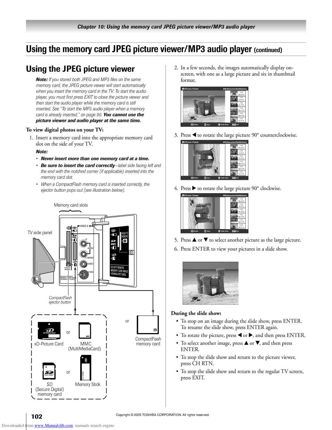 Toshiba 62MX195, 72MX195 Using the memory card Jpeg picture viewer/MP3 audio player, Using the Jpeg picture viewer 