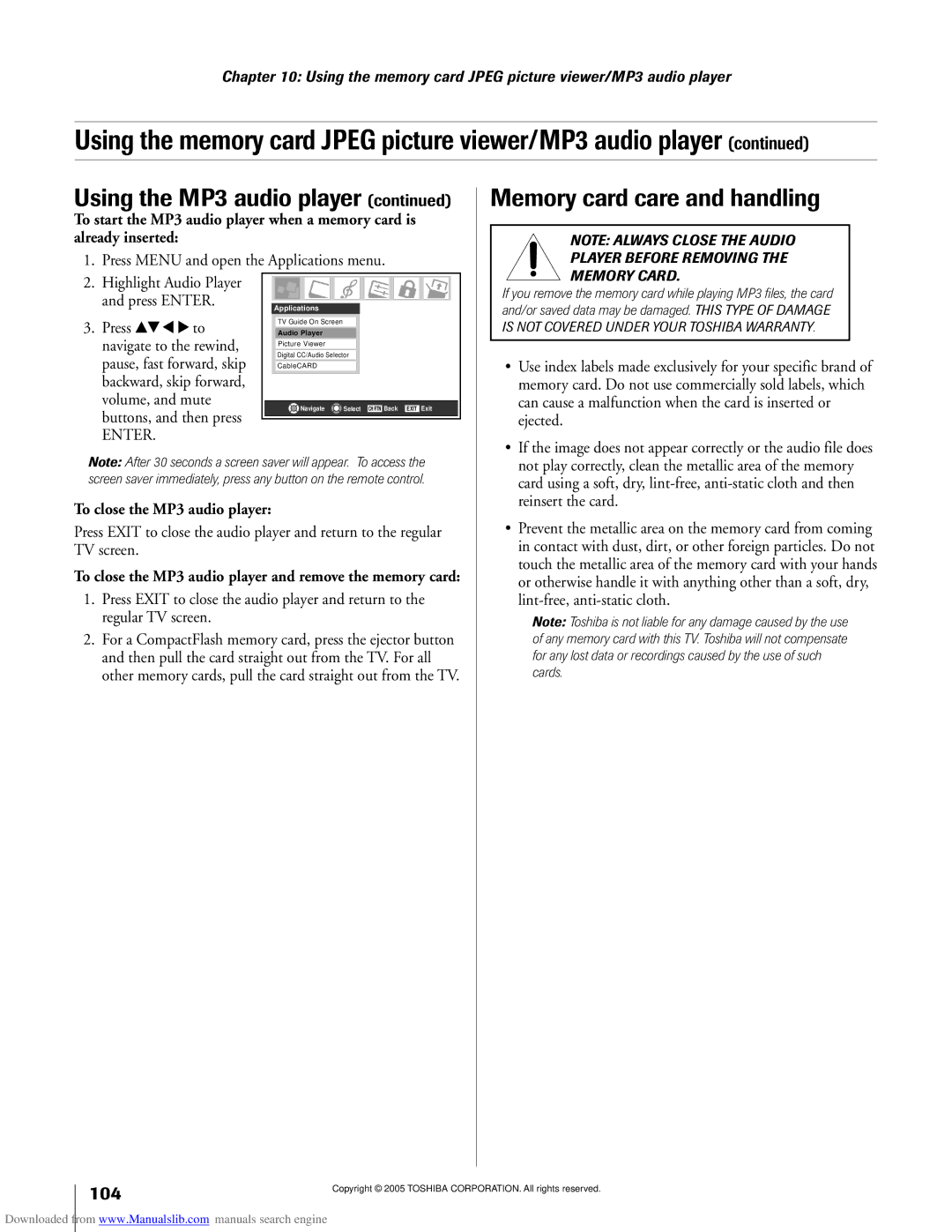 Toshiba 62MX195, 72MX195 owner manual Memory card care and handling, To close the MP3 audio player 