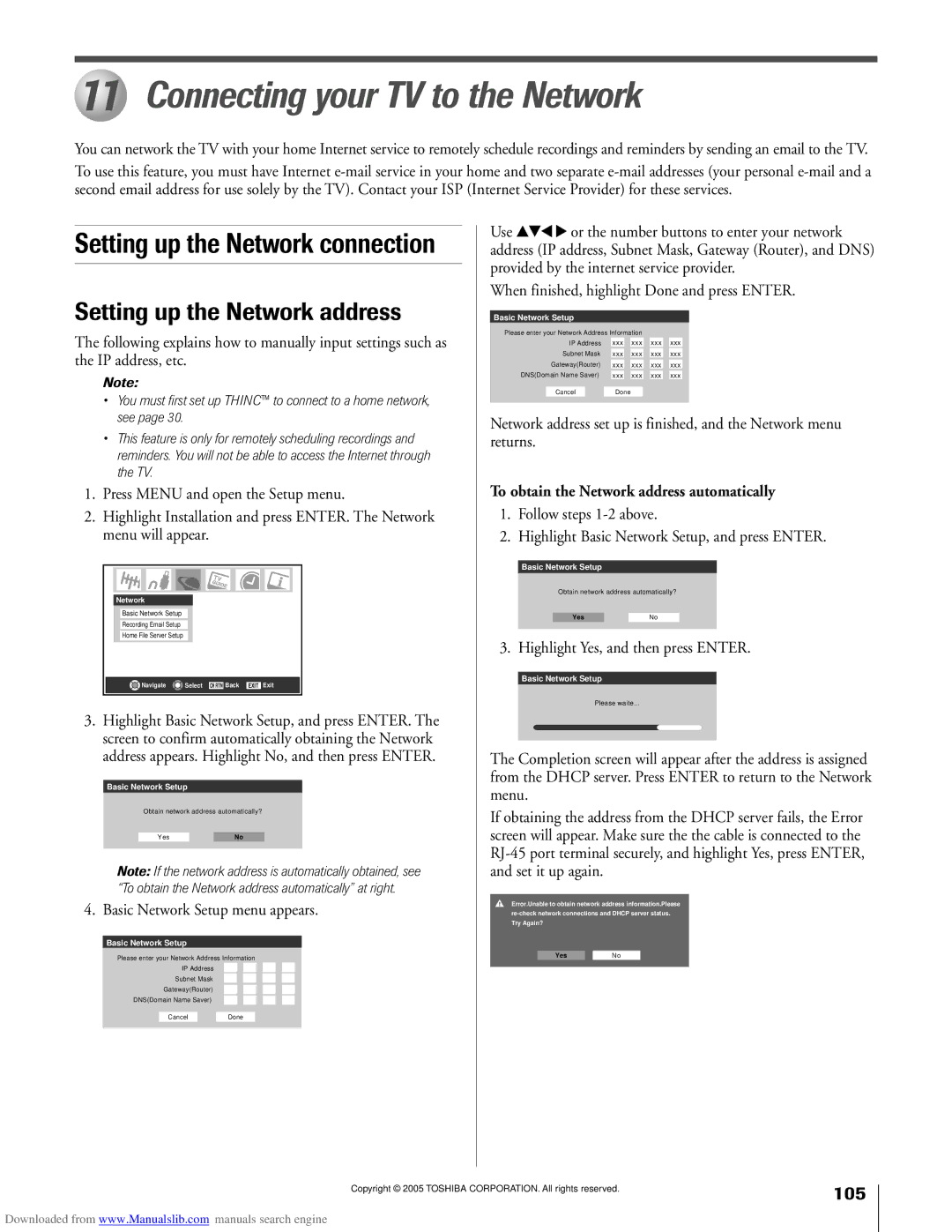 Toshiba 72MX195 Connecting your TV to the Network, Setting up the Network address, Basic Network Setup menu appears 