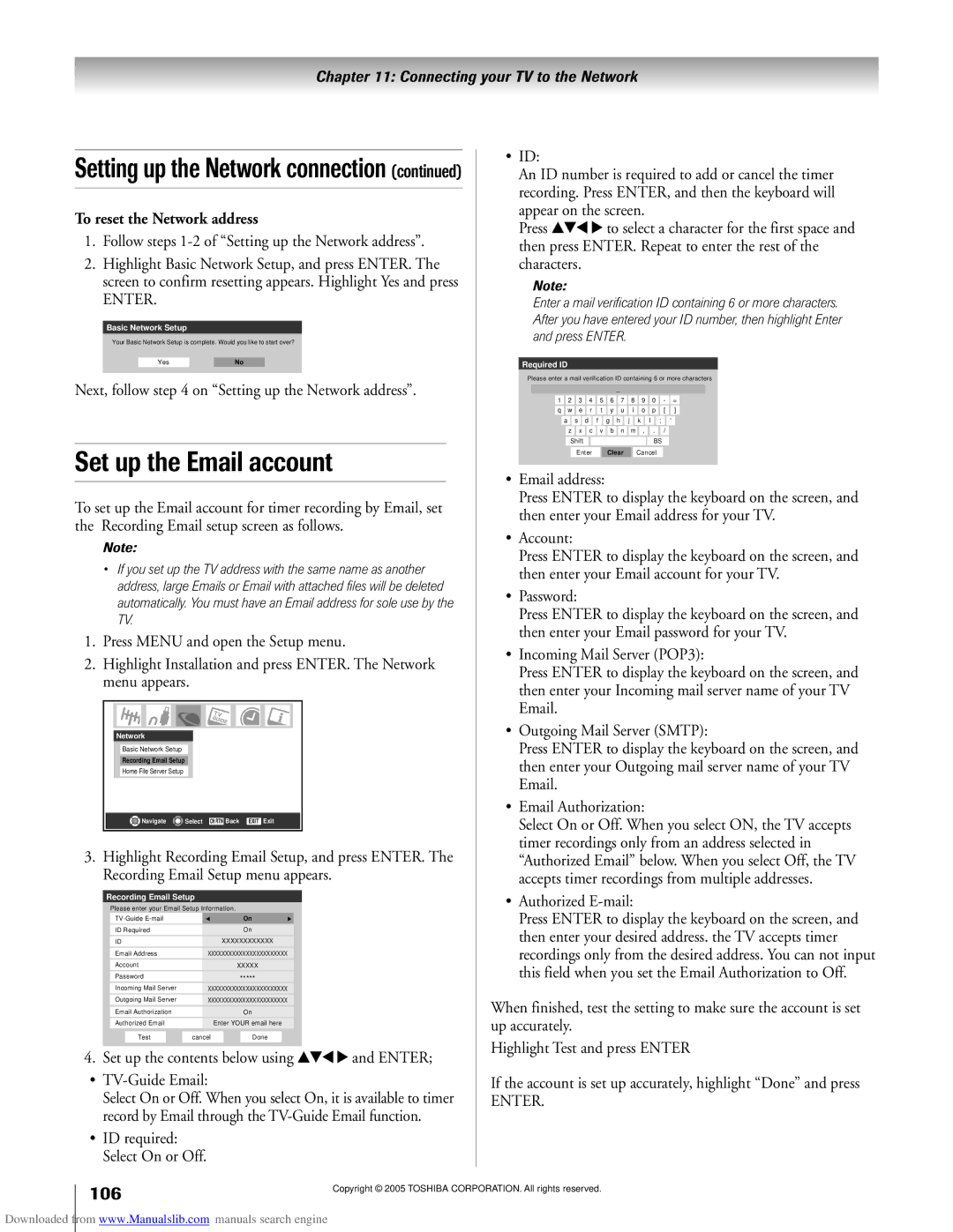 Toshiba 62MX195, 72MX195 owner manual Set up the Email account, To reset the Network address 