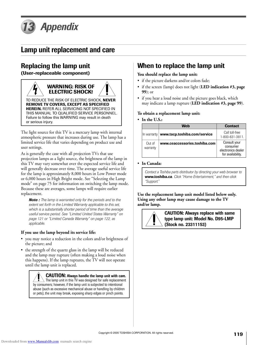 Toshiba 72MX195, 62MX195 Appendix, Lamp unit replacement and care, Replacing the lamp unit, When to replace the lamp unit 