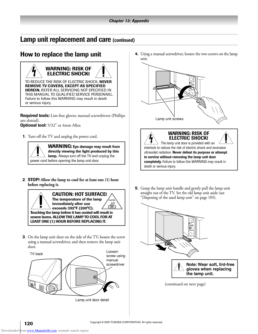 Toshiba 62MX195, 72MX195 owner manual How to replace the lamp unit 