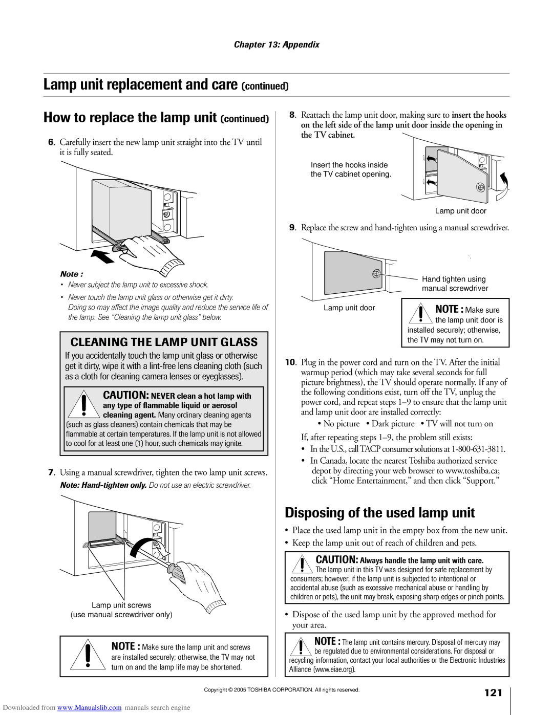 Toshiba 72MX195, 62MX195 owner manual Disposing of the used lamp unit, ¥ In the U.S., call Tacp consumer solutions at 