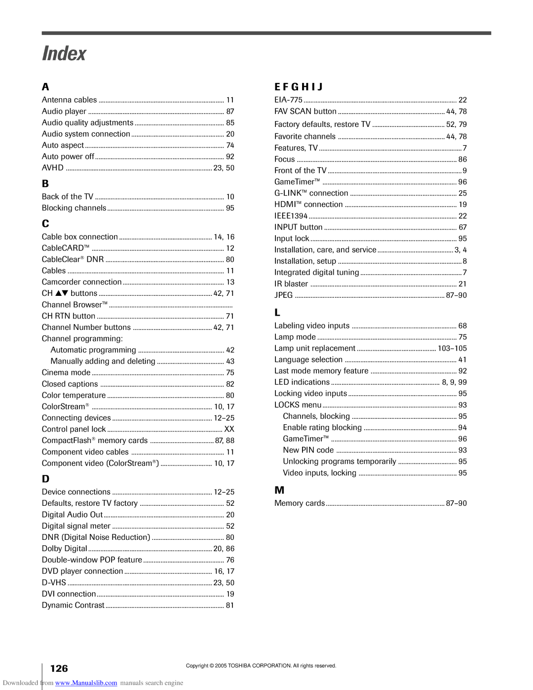 Toshiba 62MX195, 72MX195 owner manual Index, Channel programming, 87-90 