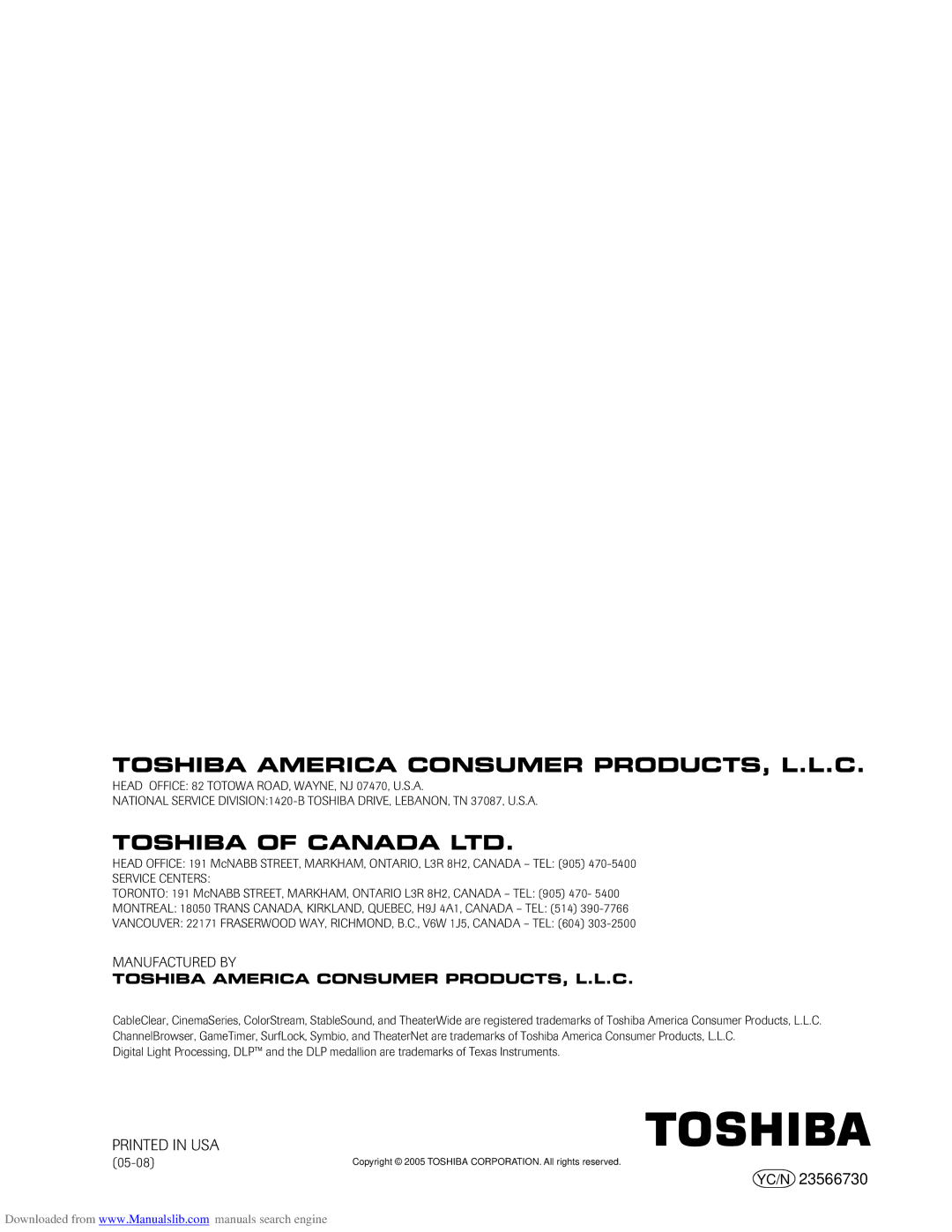 Toshiba 62MX195, 72MX195 owner manual Toshiba America Consumer PRODUCTS, L.L.C, 05-08 