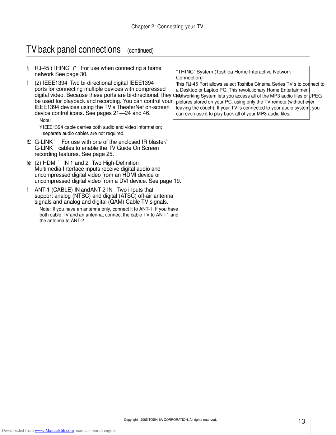 Toshiba 72MX195, 62MX195 owner manual ¡ RJ-45 THINCª* Ñ For use when connecting a home network See 