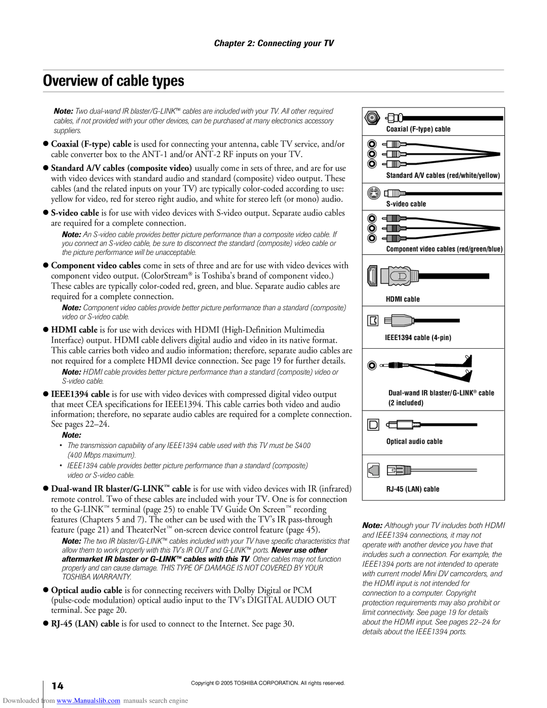 Toshiba 62MX195, 72MX195 owner manual Overview of cable types 