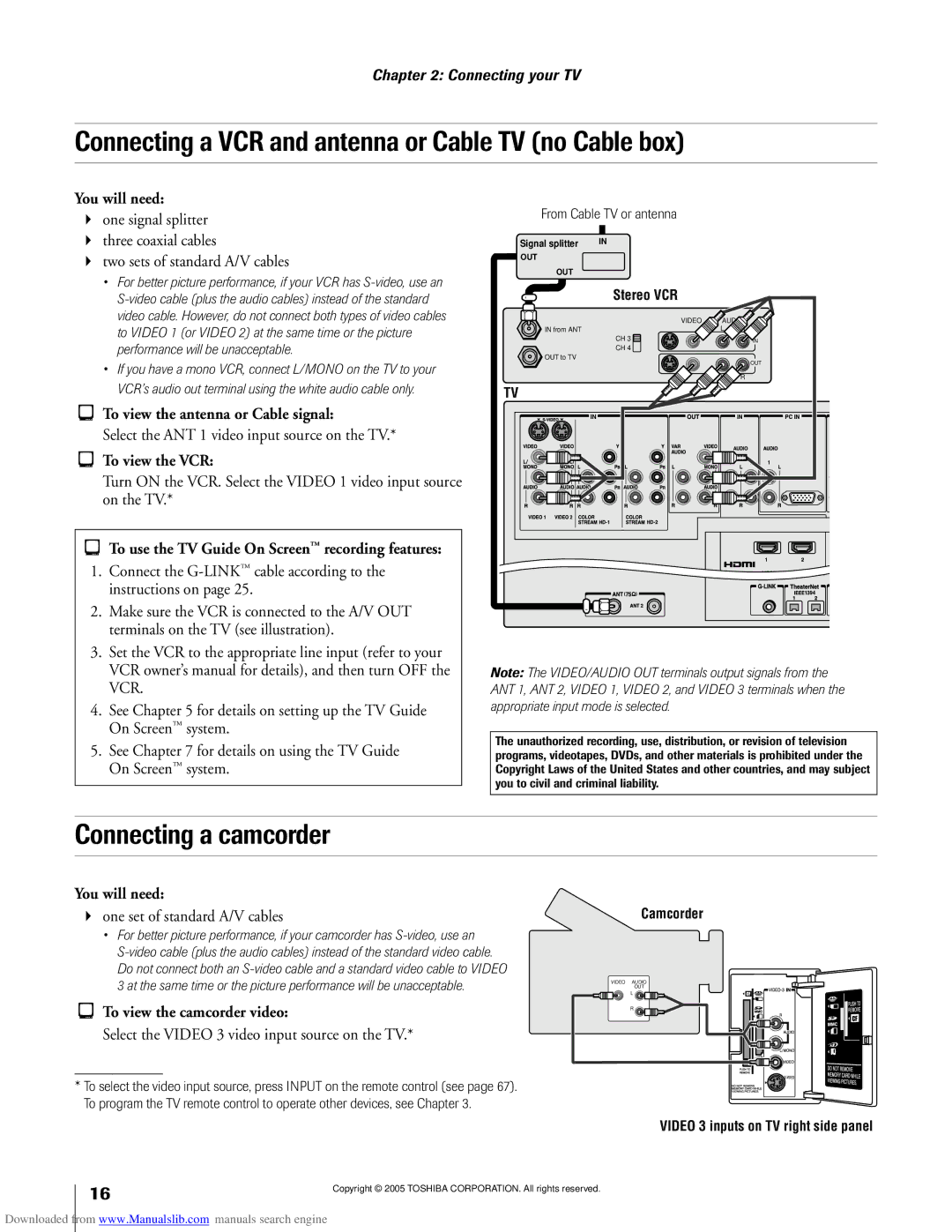 Toshiba 62MX195, 72MX195 owner manual Connecting a VCR and antenna or Cable TV no Cable box, Connecting a camcorder 