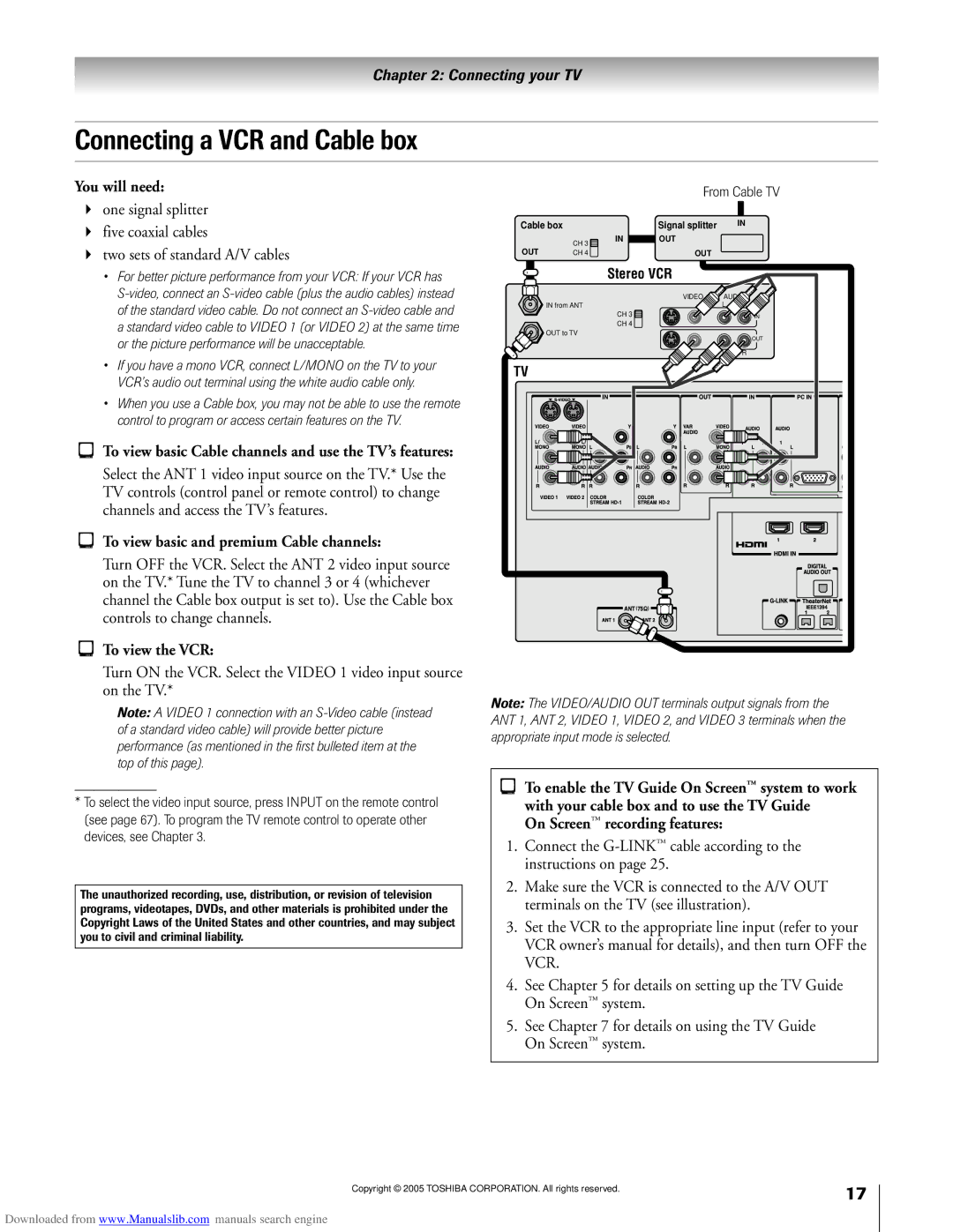 Toshiba 72MX195 Connecting a VCR and Cable box, To view basic and premium Cable channels, On Screenª recording features 