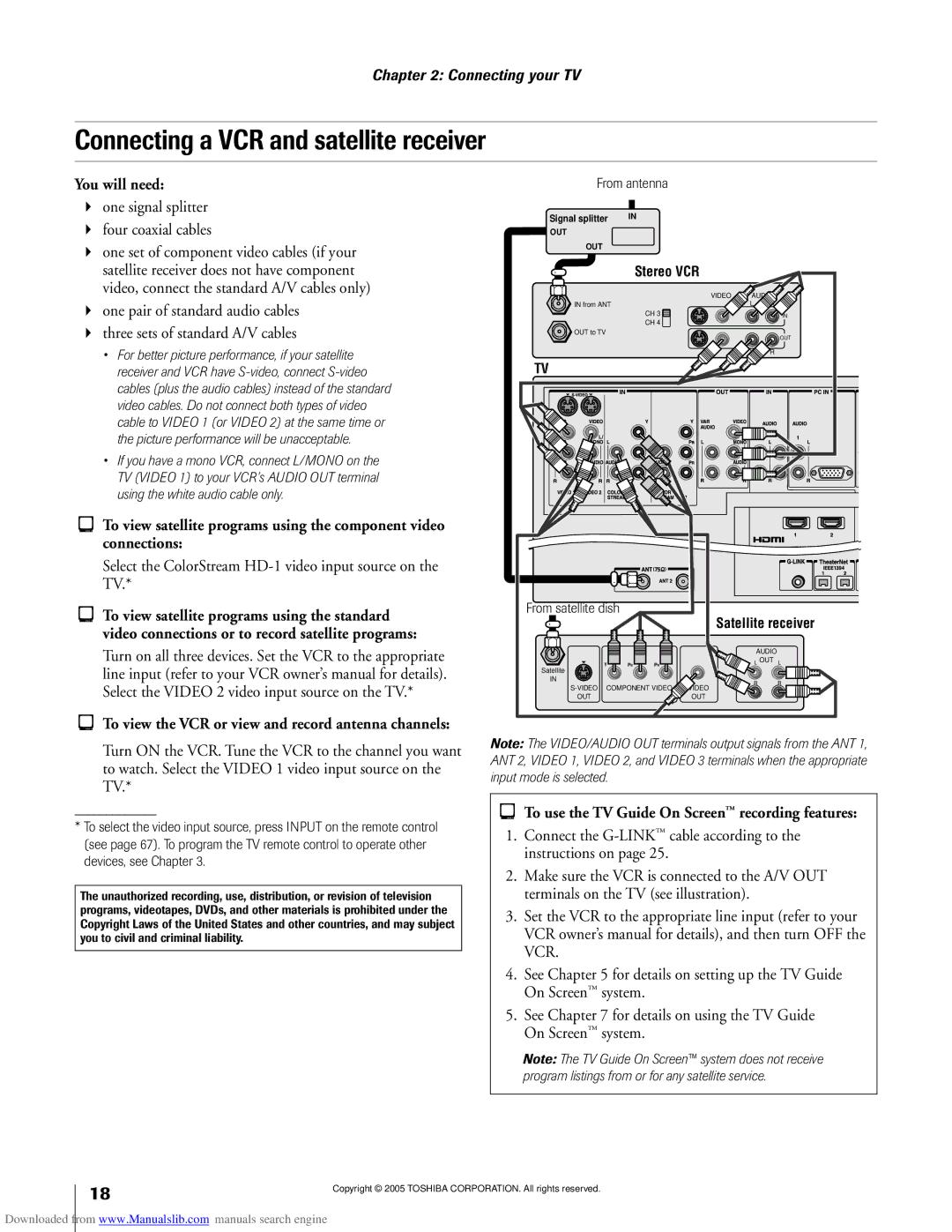 Toshiba 62MX195 One signal splitter, Four coaxial cables, Select the ColorStream HD-1 video input source on the TV 