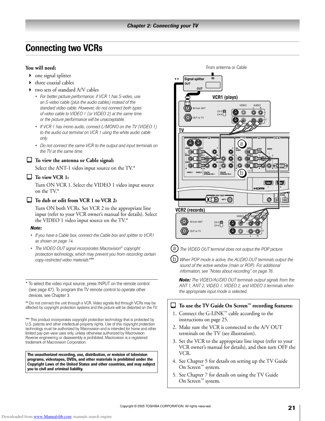 Toshiba 72MX195, 62MX195 owner manual Connecting two VCRs, Select the ANT-1 video input source on the TV, To view VCR 