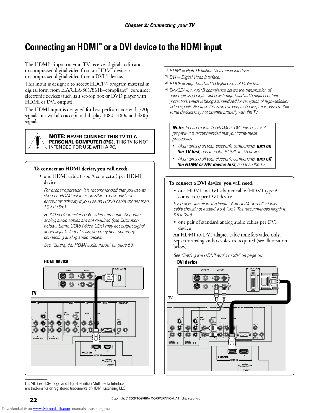 Toshiba 62MX195, 72MX195 Connecting an HDMIª or a DVI device to the Hdmi input, To connect an Hdmi device, you will need 